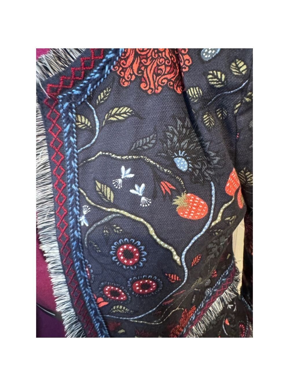 LOFT Primevira Strawberry Embroidered Fringe Open Black Red jacket size 4 - Picture 5 of 16